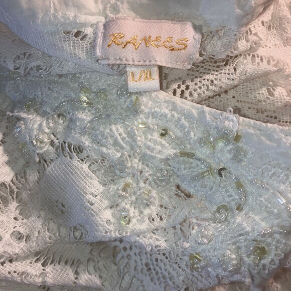 RANEES sz L / XL White Cotton Lace Beaded Flouncy Dress Swim Beach Cover Flowy - Picture 5 of 6